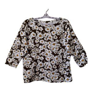 Croft and Barrow Blouse XL Brown White Daisy Print Cotton 3/4 Sleeve T-Shirt